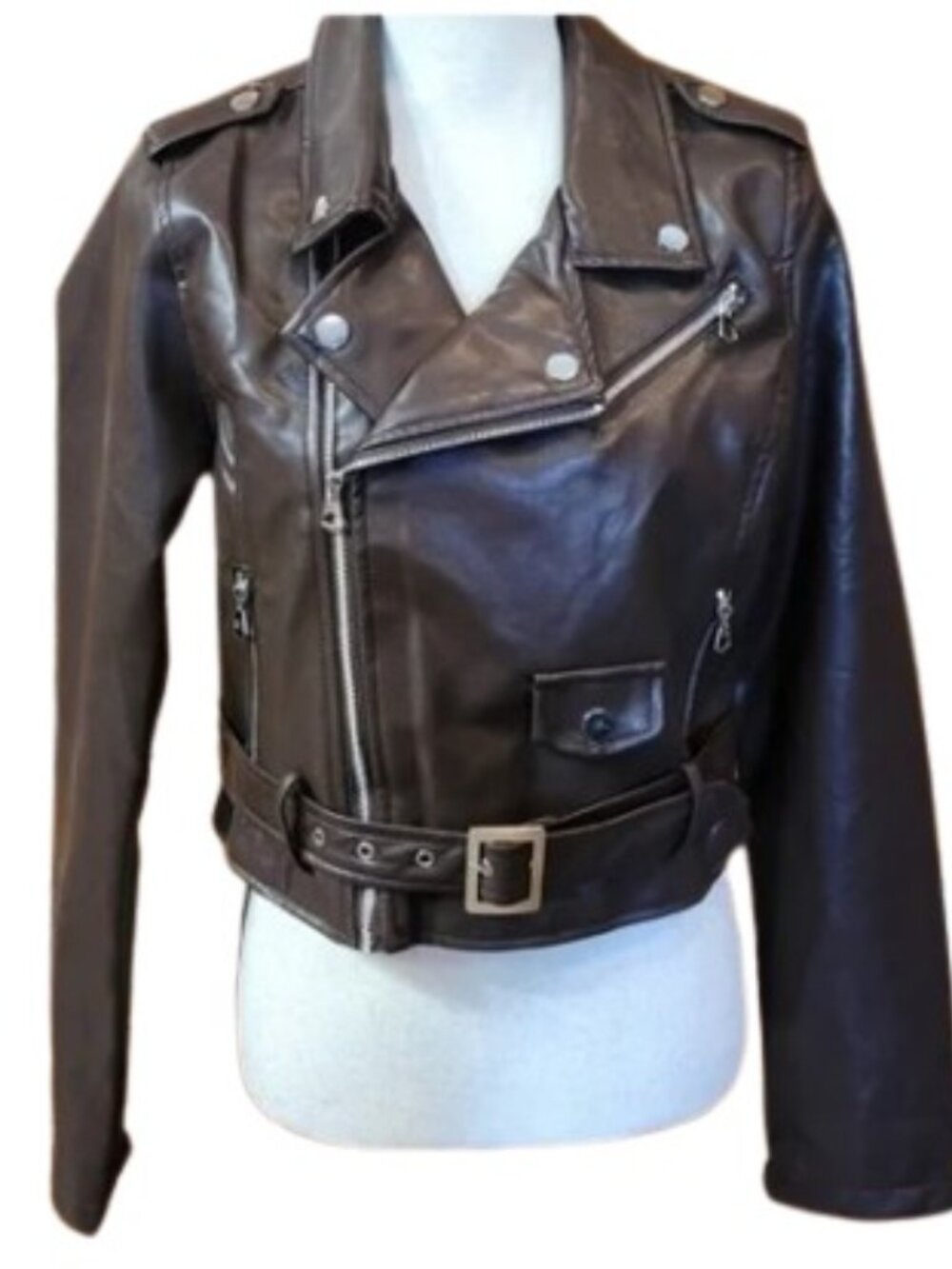Stoosh Womens Cropped Faux Leather Motorcycle Jacket Brown Zip Details  JR S